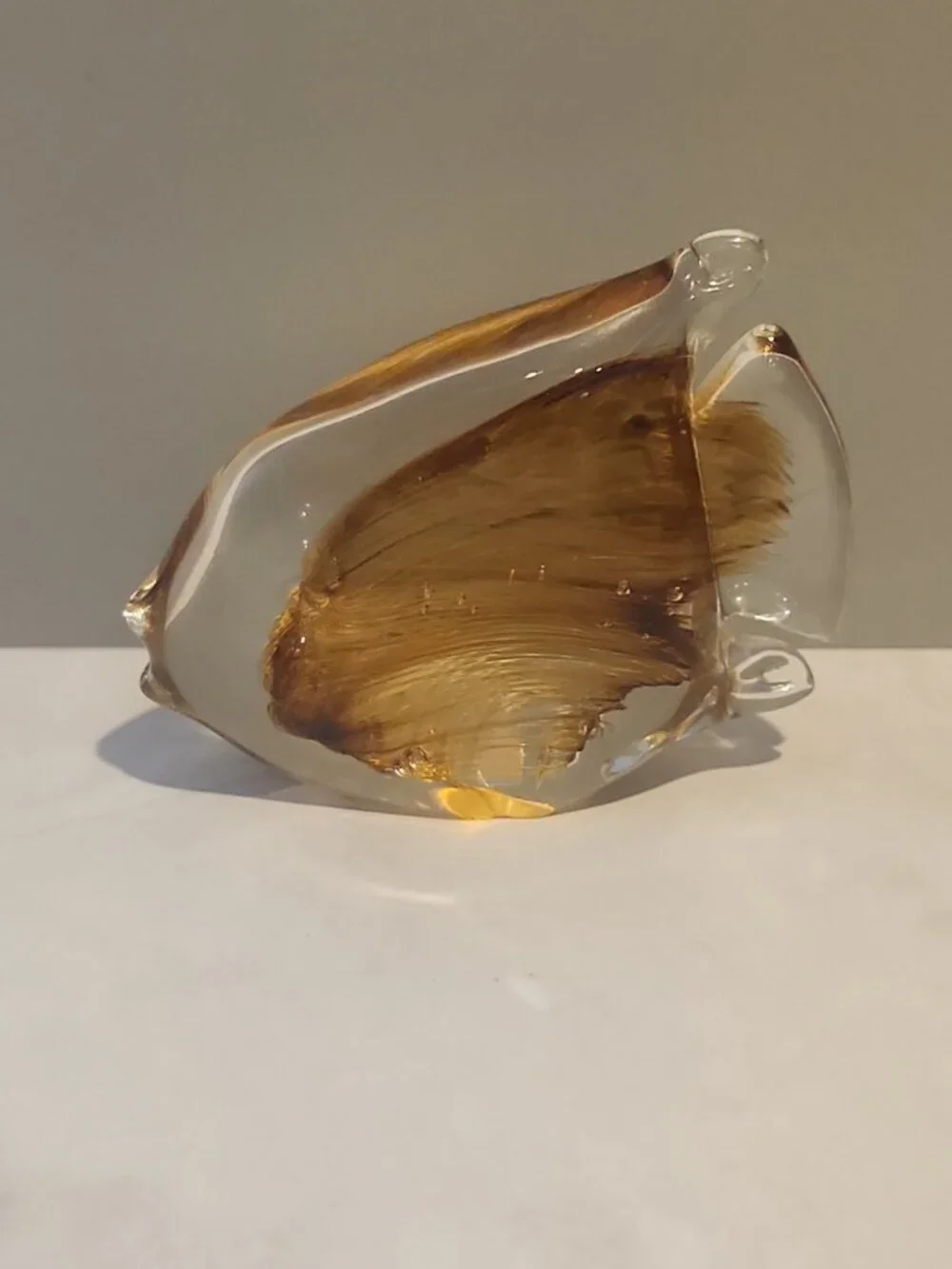 Vintage~Signed Kenneth Marine~Art Glass~Kissing Fish~Paperweight~Amber~Clear